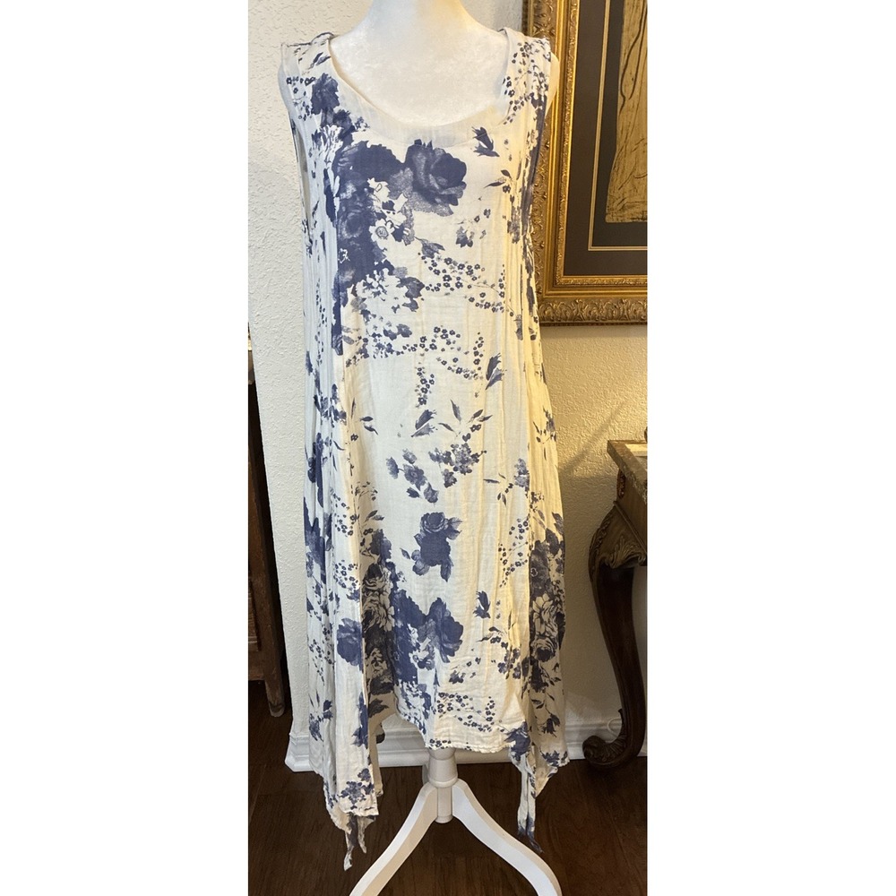 Paper Lace Dress Midi Cotton Gauze White Blue Floral Cottage Core  Size Small